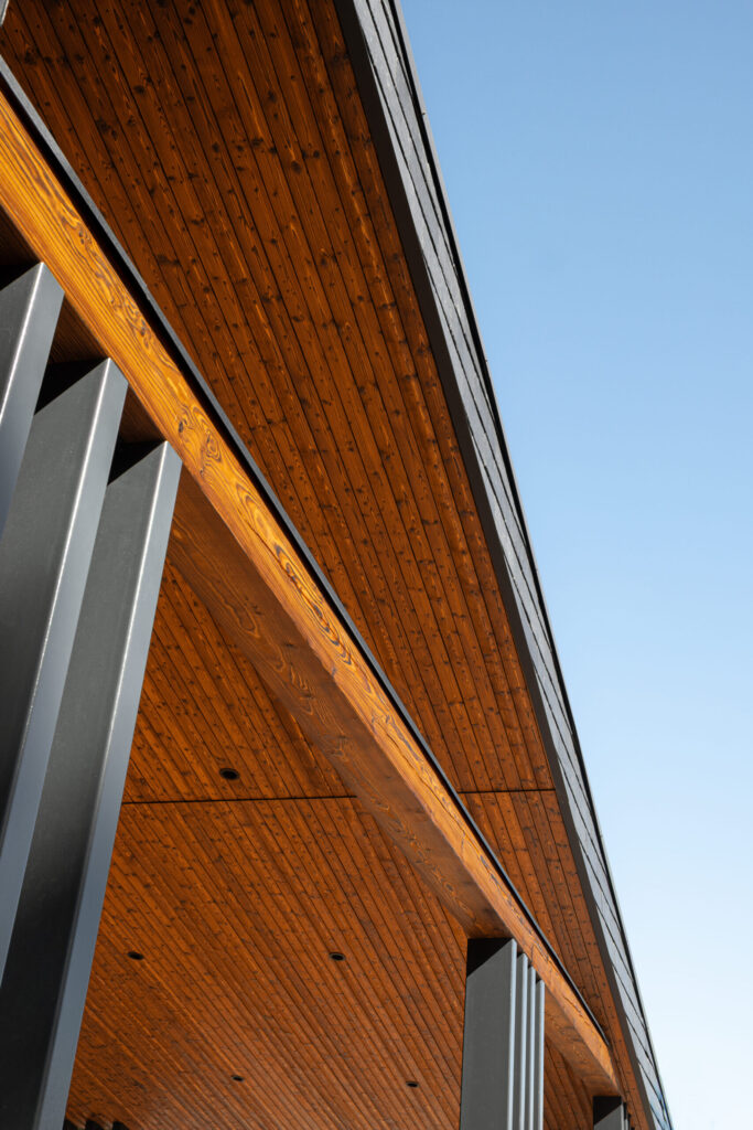 The terrace canopy is clad with charred wood siding and features a horizontal charred column with metal columns—a modern architectural solution